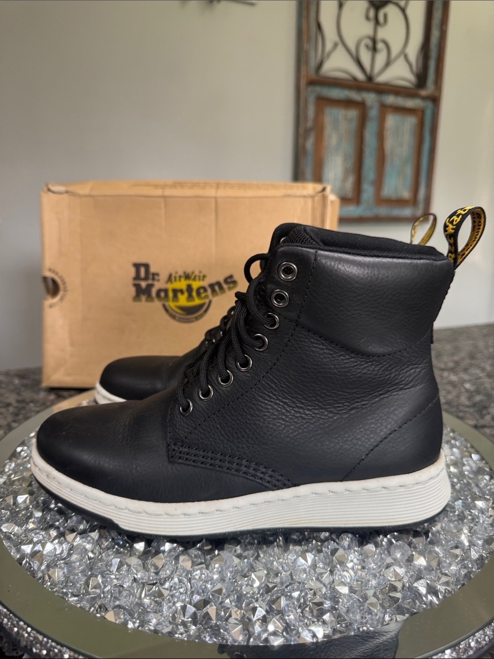 Dr. Martens Black Leather High-Top Lace Boot with White Sole EUC M6 W7